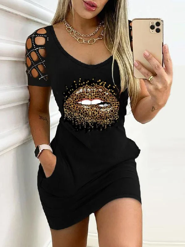 Studded Cutout Lip Pattern Pocket Design Bodycon Dress