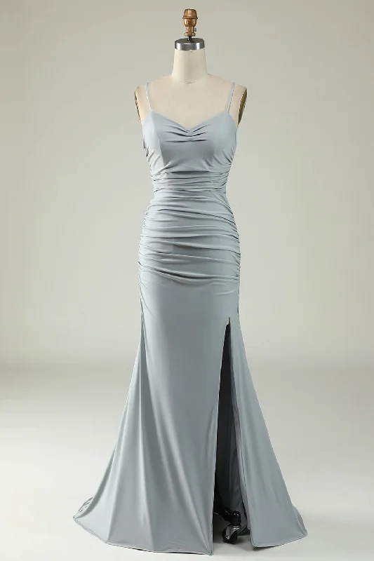 Mermaid Spaghetti Straps Grey Plus Size Prom Dress with Criss Cross Back