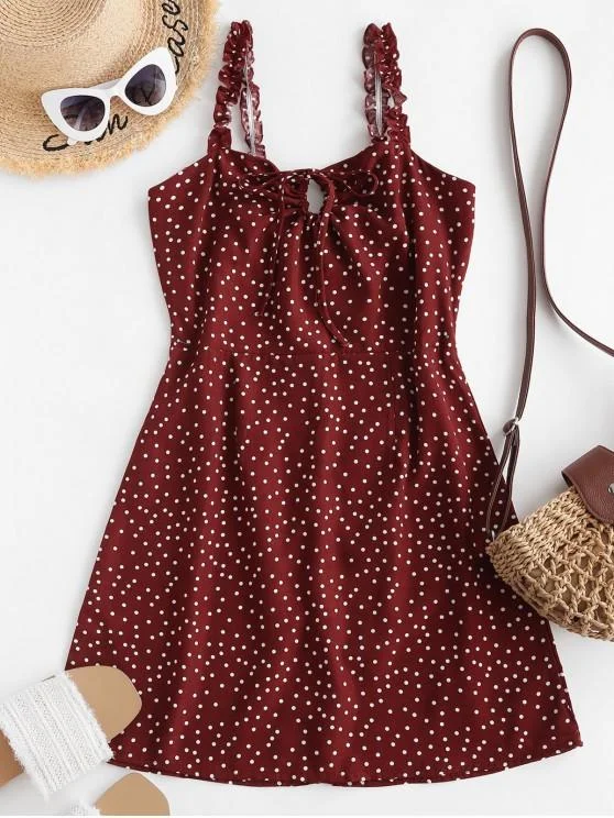 Ruffled Straps Dotted Tie Collar Mini Dress