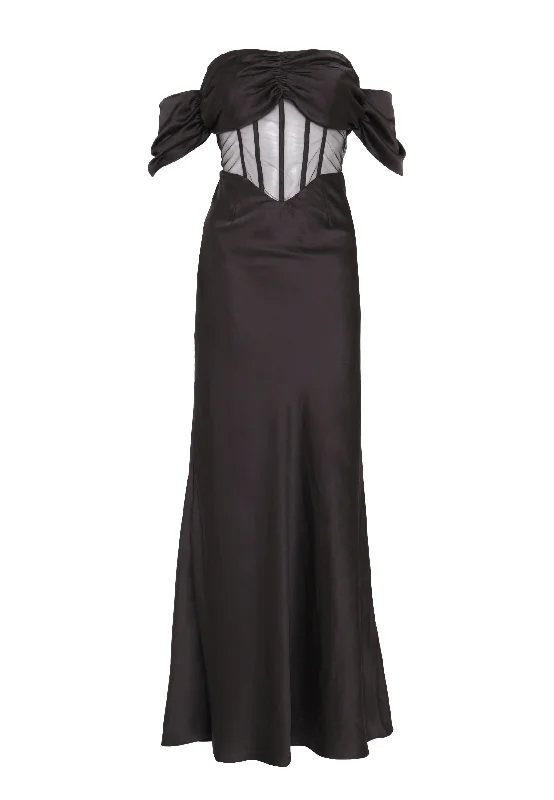 Agnes Black Satin Corset Sheer Maxi-Dress