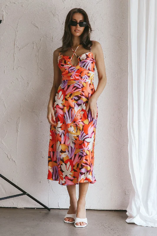 Emmalie Satin Midi Dress Floral Orange