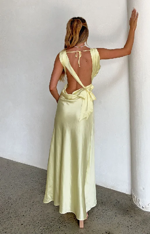 Laria Yellow Satin Formal Maxi Dress