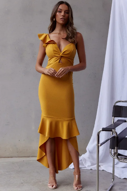 Pearl Ruffle Strap Twist Bust Dress Mustard