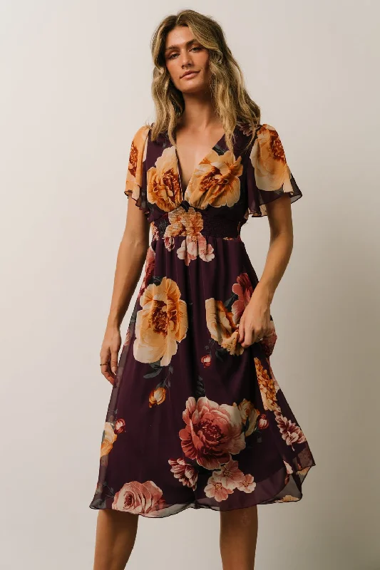 Sarah Smocked Midi Dress | Eggplant Floral