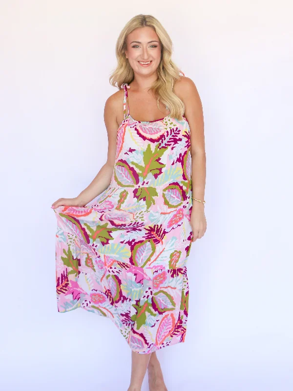 Sleeveless Tropical Printed Summer Midi Dress