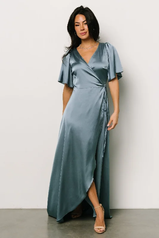 Vara Satin Maxi Wrap Dress | Dusty Blue