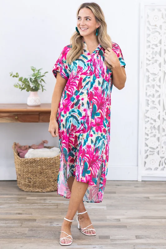 Fuchsia Tropical Print Button Down Shirt Dress