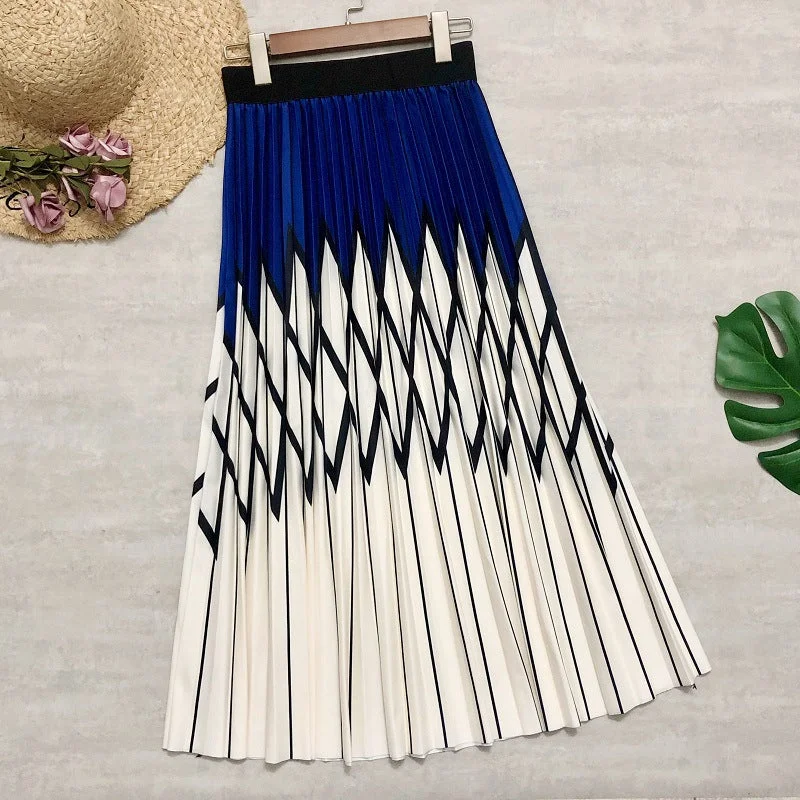 Spring/summer skirt, rhomboid print pleated skirt, high waist, striped patchwork  3675