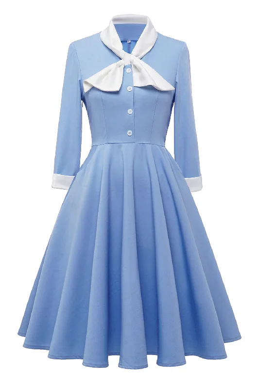 Blue Button Vintage 1950s Dress with Bowknot