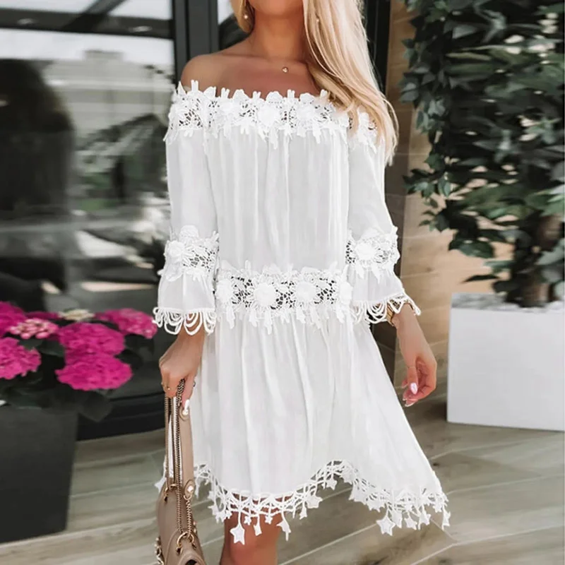 Holiday 2024 Sundress Off Shoulder V Neck Short Sleeve Beach Boho Dress