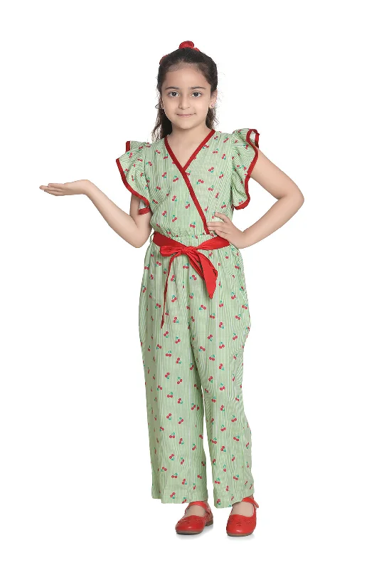 Girl's Green And Red Cherry Jumpsuit With Flutter Sleeves - StyleStone Kid