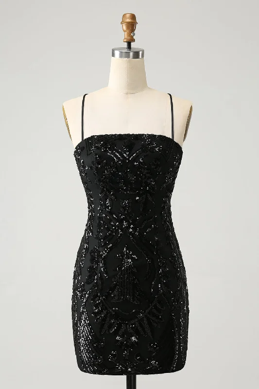 Chic Glitter Black Spaghetti Straps Tight Homecoming Dress with Sequins