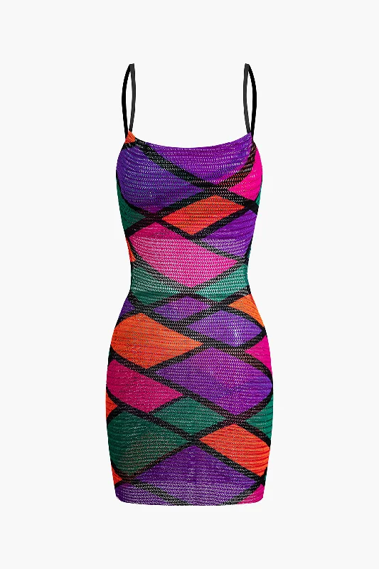 Color Block Geometric Open Knit Mini Dress