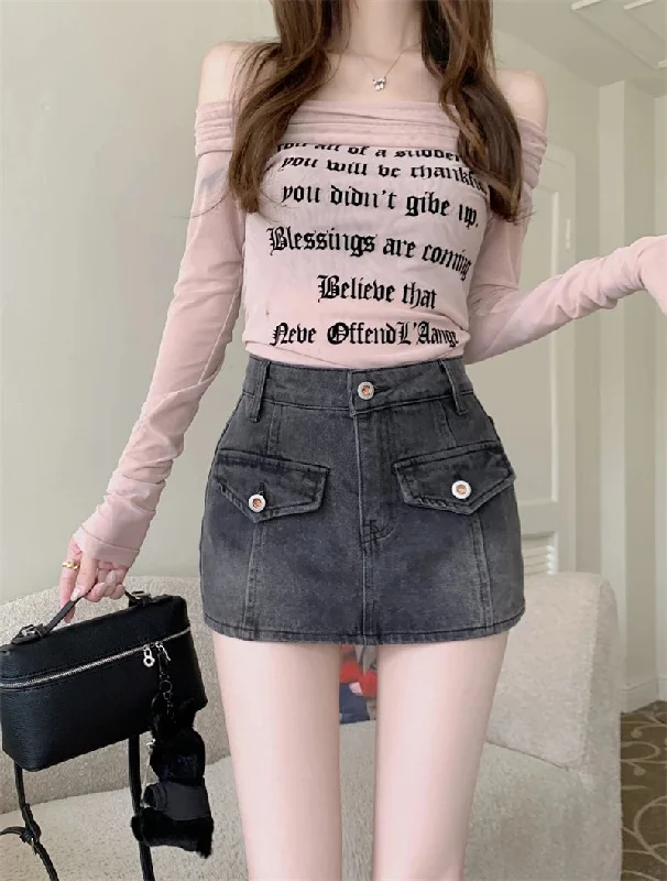 Sexy Street Retro Washed Denim Mini Summer New Fashion High Waist Skirt