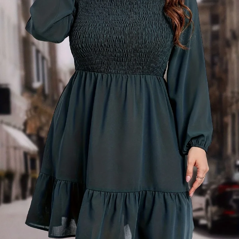 Sixsr Plus Size Casual Dress, Women's Plus Solid Shirred Long Sleeve Round Neck Smock Dress