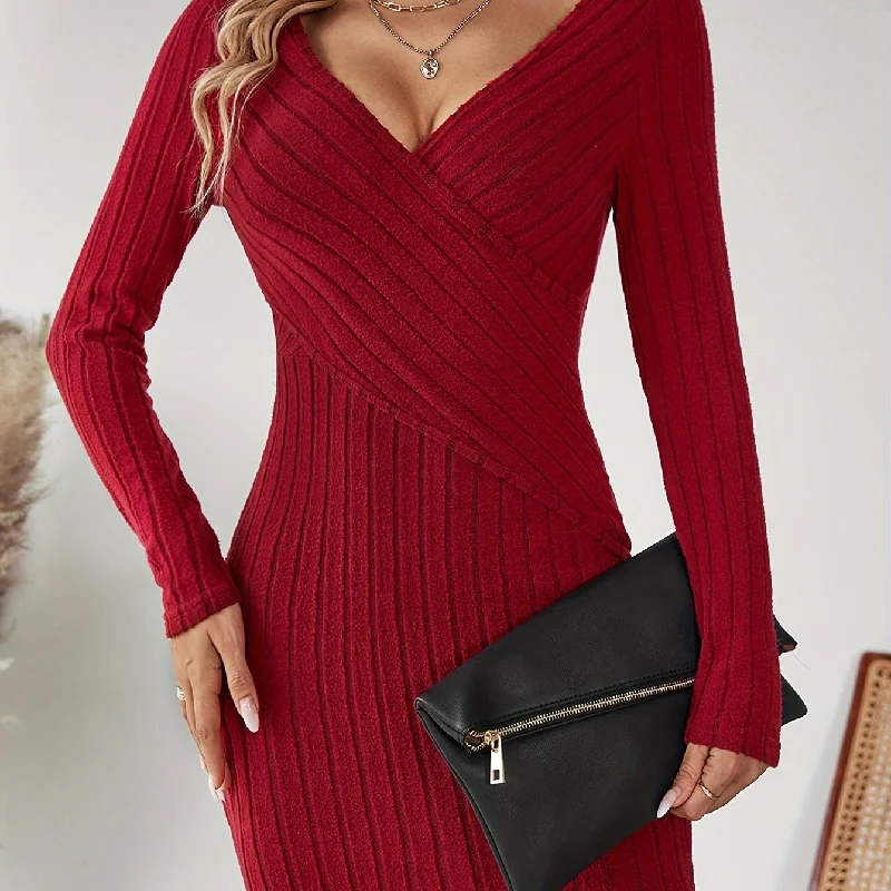 Sixsr Solid Ribbed Bodycon Dress, Party Wear V Neck Long Sleeve Dress, Women's Clothing