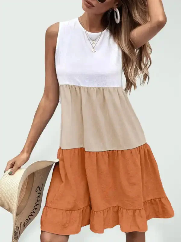 Women’s loose casual stitching contrast color ruffled sleeveless vest dress