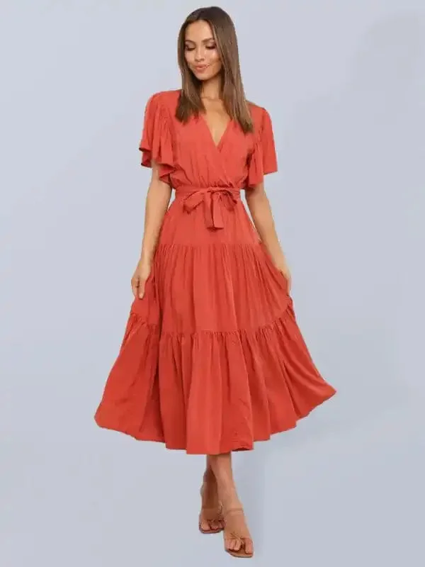 Women’sSolid v-neck short sleeve bohemian midi dress