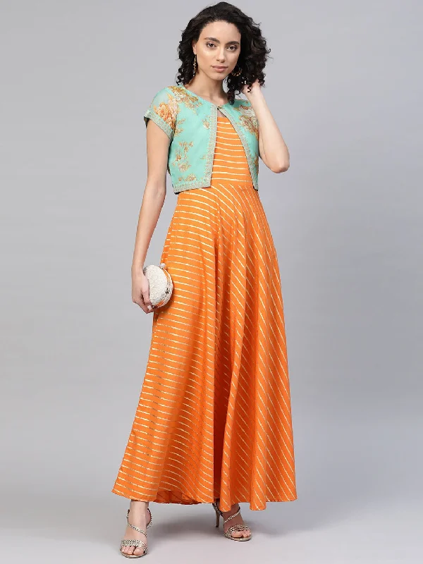 Women's Orange Crepe Striped Kurta With Jacket- Ahalyaa