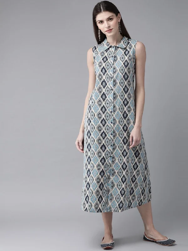 Women's  Blue & Off-White Printed Shirt Dress - AKS