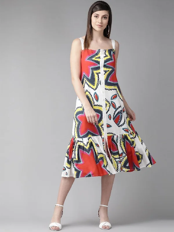 Women's  White & Red Printed A-Line Dress - AKS