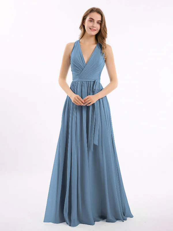 Deep V Neckline Chiffon Dress with Sash Bow Slate Blue