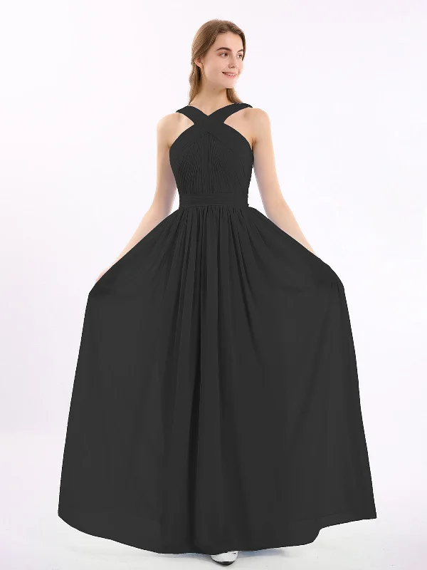 Cross Front Chiffon Long Dress with Bow Black