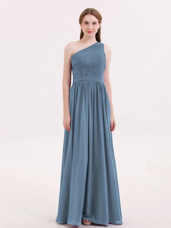 One Shoulder Chiffon Long Bridemaid Dresses-Slate Blue