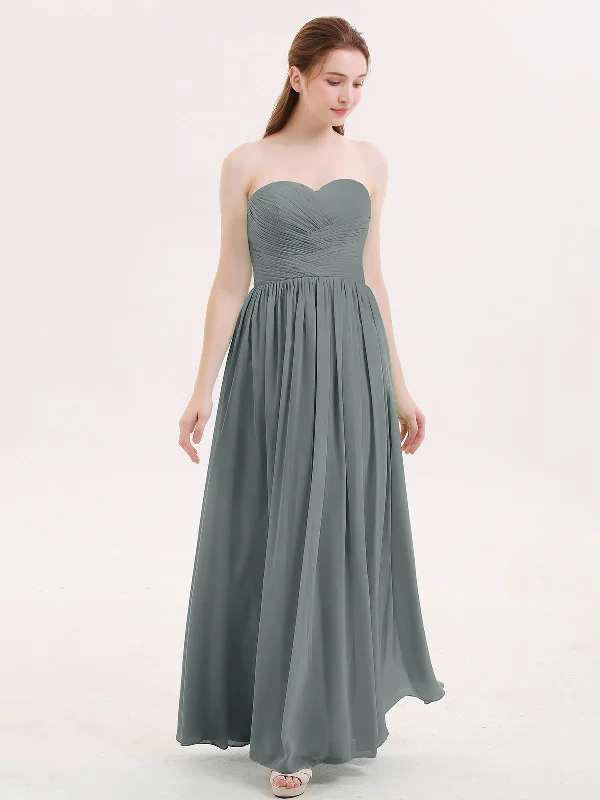 Strapless Cross-pleated Full Length Bridesmaid Gown-Steel Grey