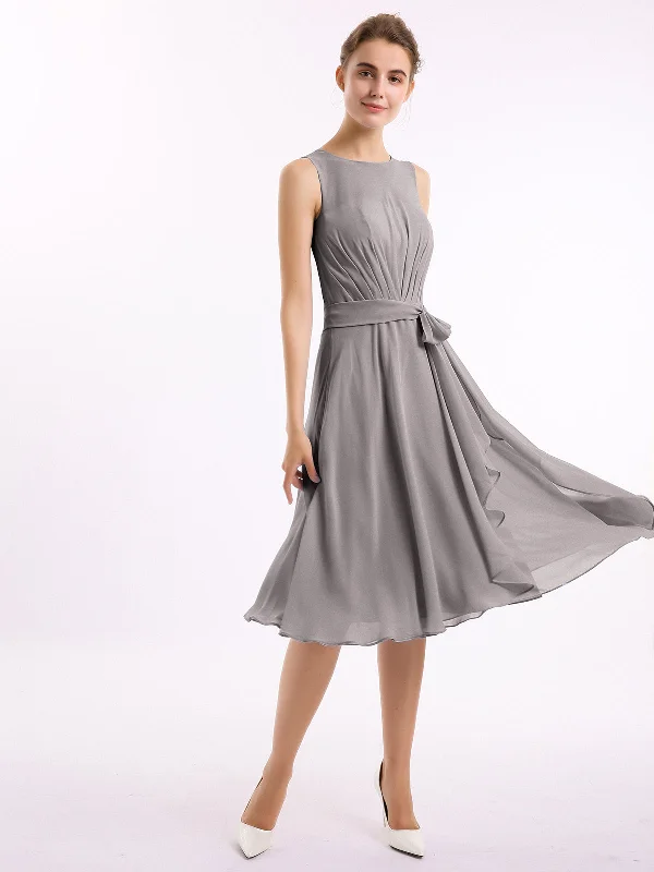 Scoop Neck Chiffon Short Dress with Sash Bow Silver