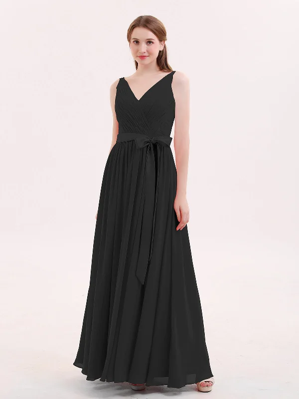 V Neck Chiffon Bridesmaid Dress with Satin Sash Bow-Black