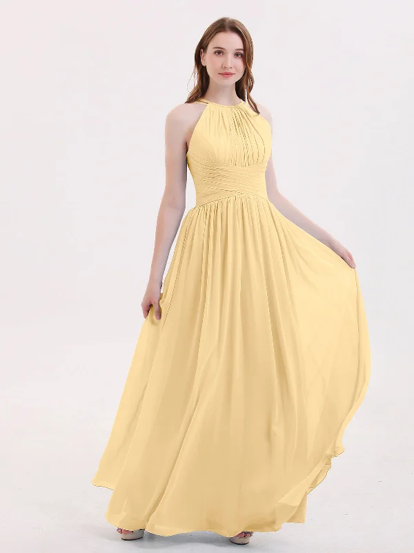 Double Strap Halter Long Chiffon Gowns-Gold