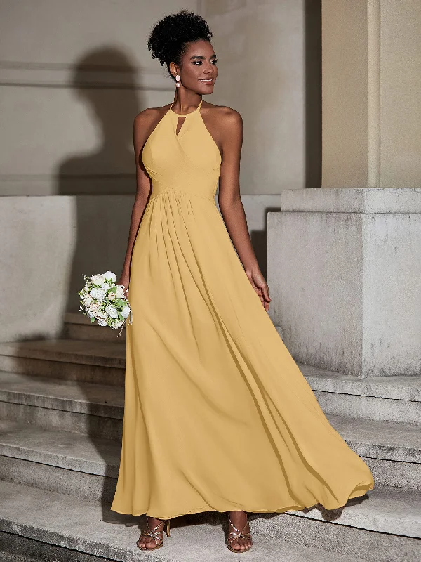 Halter Chiffon Long Dresses for Bridesmaids-Gold