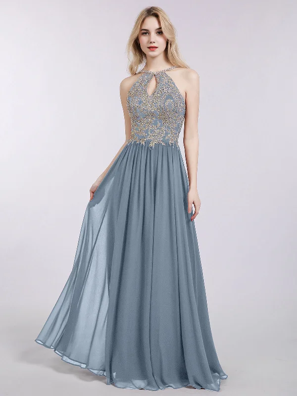 Halter Chiffon with Gold Appliqued Dress-Dusty Blue