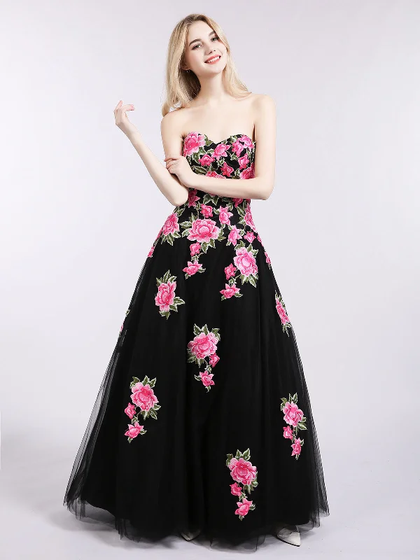 Strapless Floral Tulle Formal Dress-Dark Navy