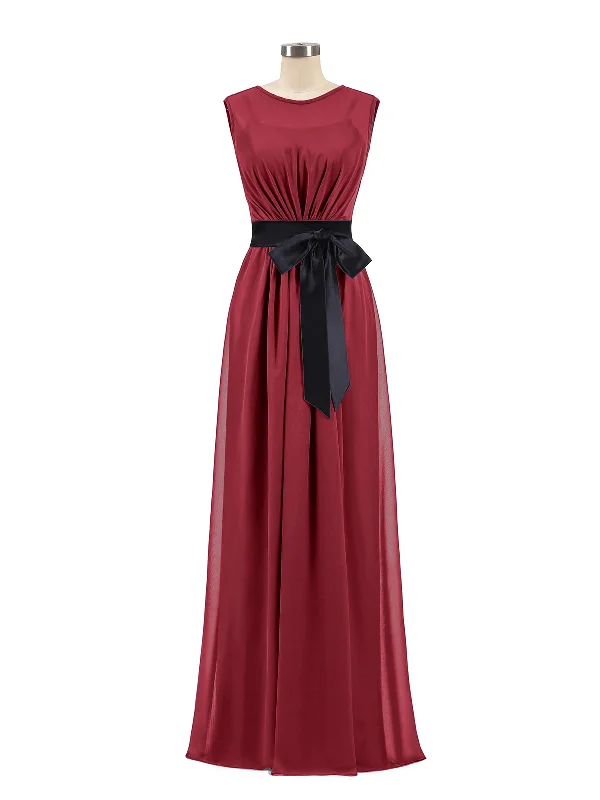 FAUX-Wrap Chiffon Dress with Black Waistband-Burgundy