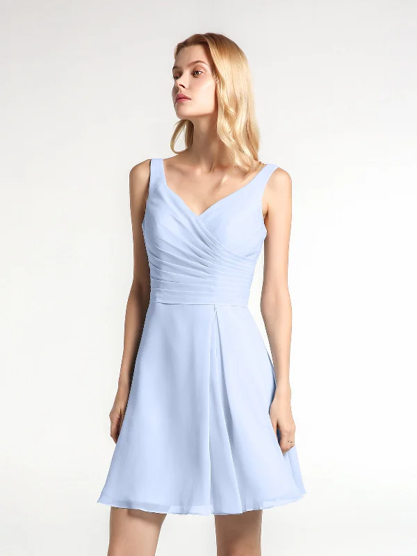 V Neck Chiffon Short Dress for Bridesmaids Sky Blue