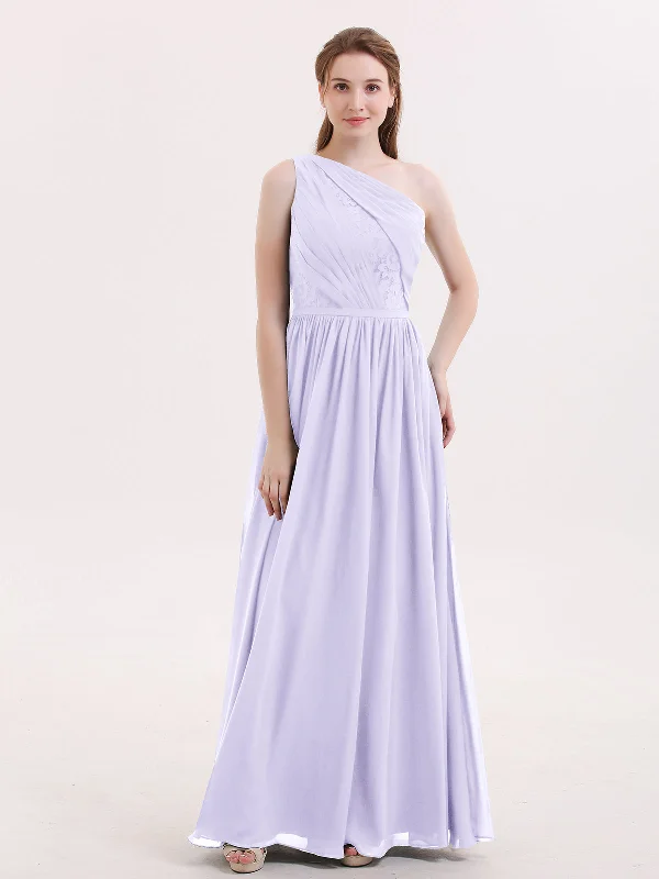 One Shoulder Chiffon and Lace Bridesmaid Dress-Lilac