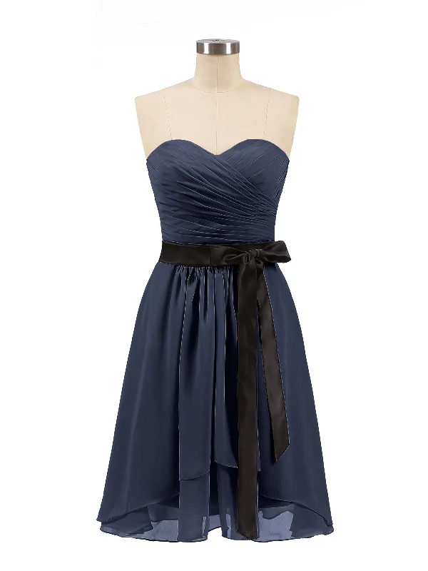 Sweetheart Neck Short Dress with Black Sash-Dark Navy