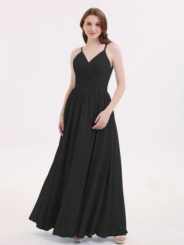 Open Back Chiffon Dress with V Neck-Black