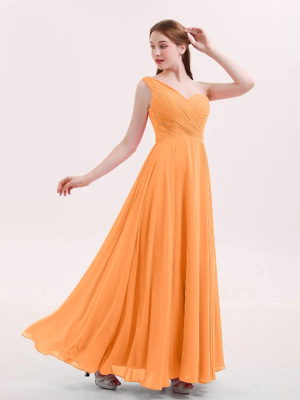 One Shoulder Chiffon Long Bridesmaid Gown-Orange