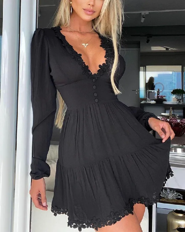 MegaBetty - 2024 Autumn Women Fashion Elegant Casual V Neck Buttoned Sweet Mini Solid Dress Solid Long Sleeve Lace Skinny Waist Dress