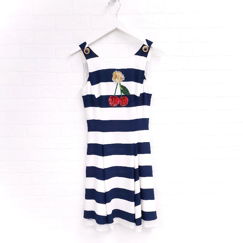 DOLCE & GABBANA STRIPE DRESS WITH CHERRY SEQUIN - SIZE 36