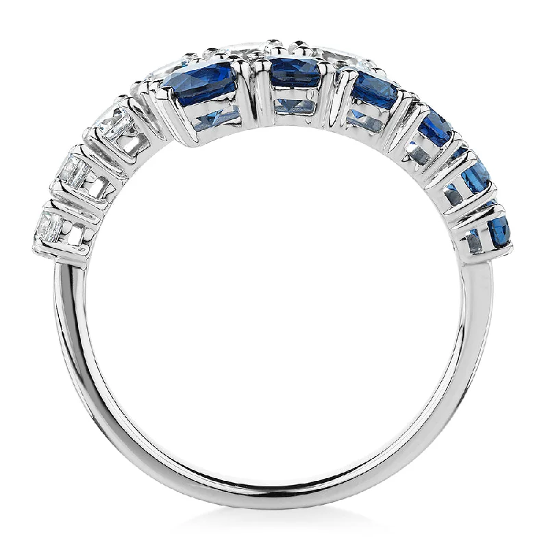 Dress ring with sapphire simulants and 0.91 carats* of diamond simulants in 10 carat white gold