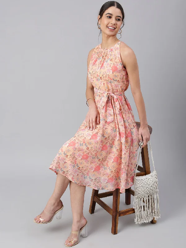 Women's Floral Printed Peach Georgette Dress - Janasya