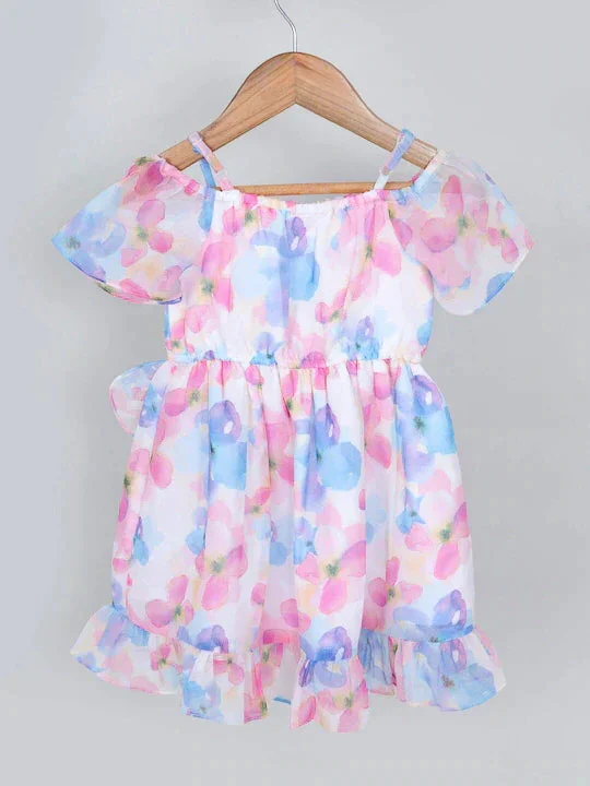 Girls White Pink Floral Georgette Dress - Ps Peaches