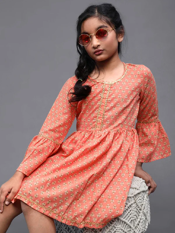 Girl's Peach Printed Gathered Dress With Lace Details - Aks Girls