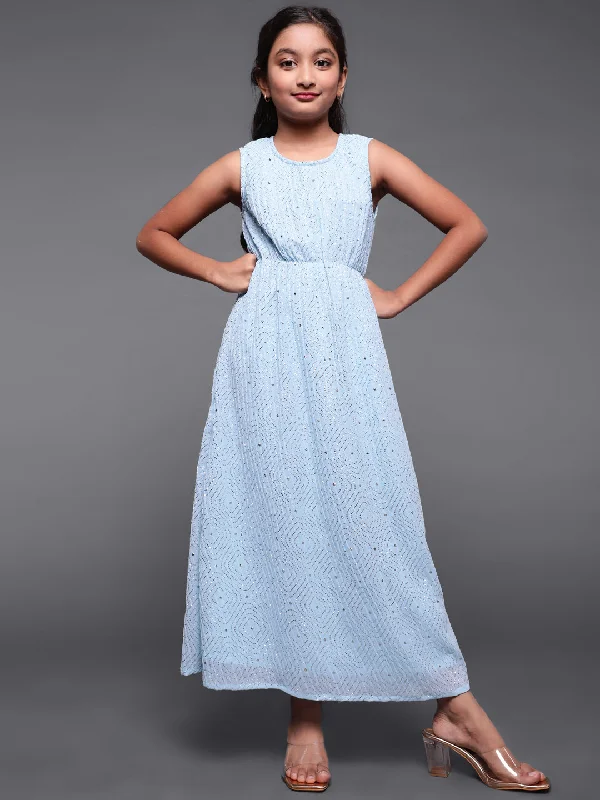 Girl's Powder Blue Embellished Maxi Dress - Aks Girls