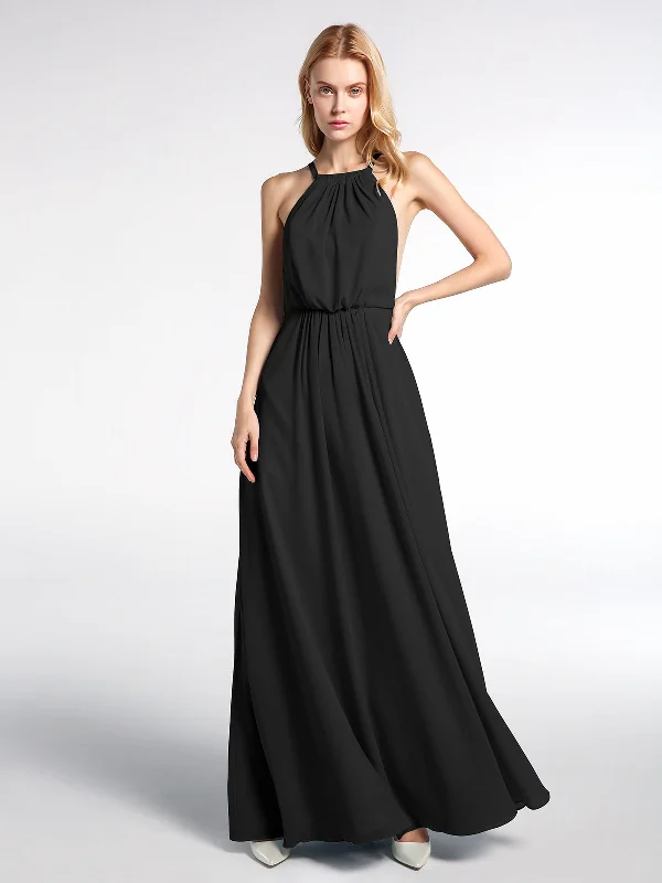 Halter Neck Low Back Chiffon Maxi Sexy Dress-Black