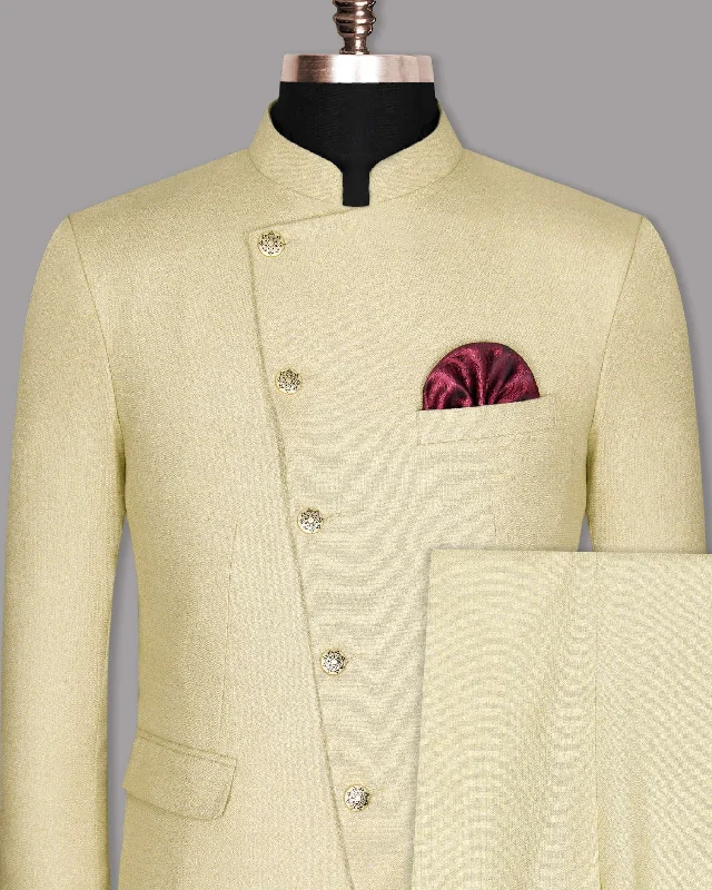 Hampton Cream Subtle Tonal Textured Cross Placket Bandhgala/Mandarin Wool-Silk blend Suit